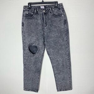 Tal Clothing Acid Wash Black High Rise Cropped Jeans W Heart Cutout 31